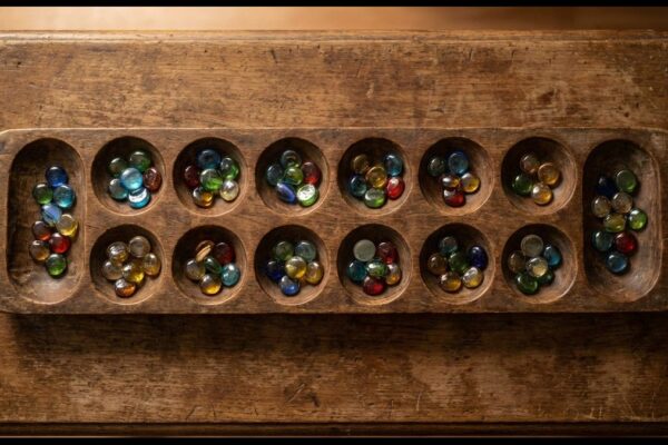 Kalaha Mancala Holzbrett mit bunten Glassteinen