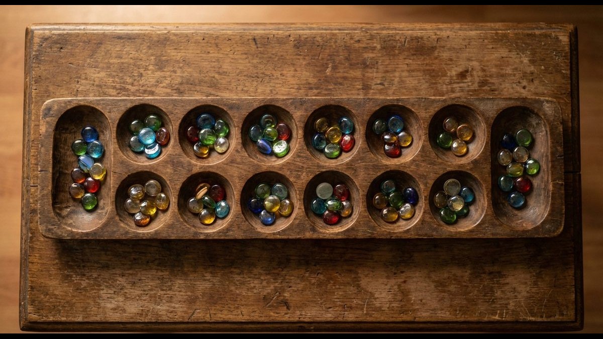 Kalaha Mancala Holzbrett mit bunten Glassteinen