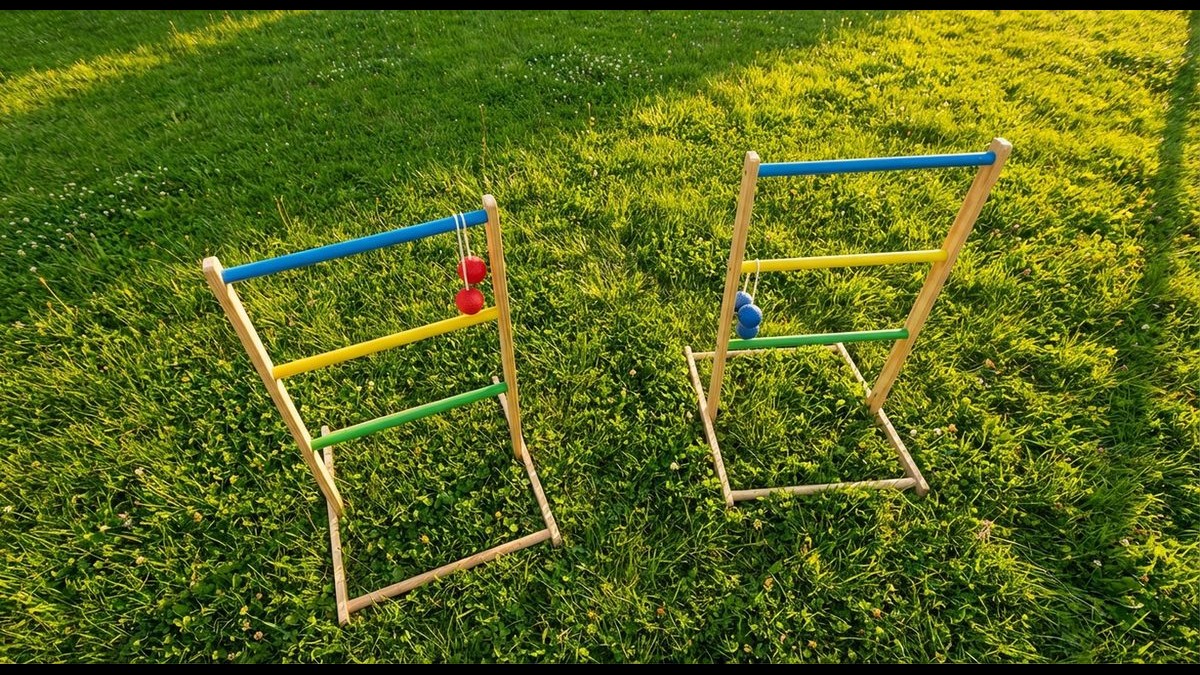 Leitergolf Spielszene mit Bolas auf Leiter im Garten