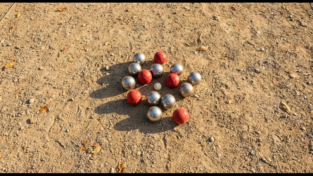 Boccia Kugeln auf Kiesbahn in der Sonne