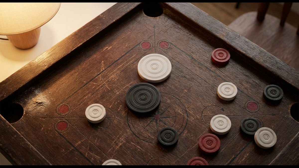 Carrom Spielbrett mit schwarzen und weißen Steinen