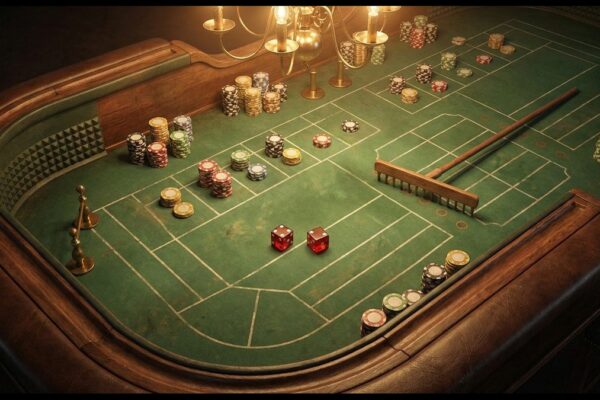 Craps Würfel und Casino-Chips auf grünem Filz