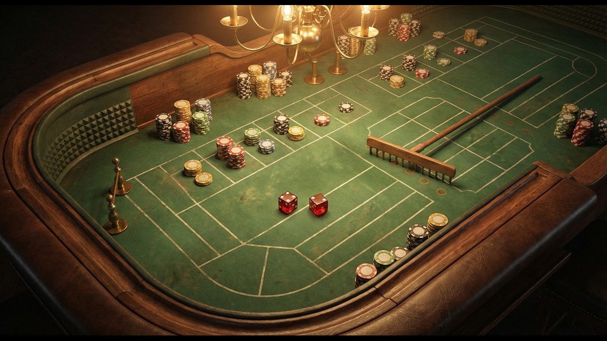 Craps Würfel und Casino-Chips auf grünem Filz