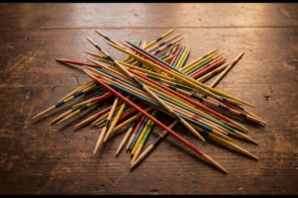 Mikado Stäbchen bunt verstreut auf Holztisch