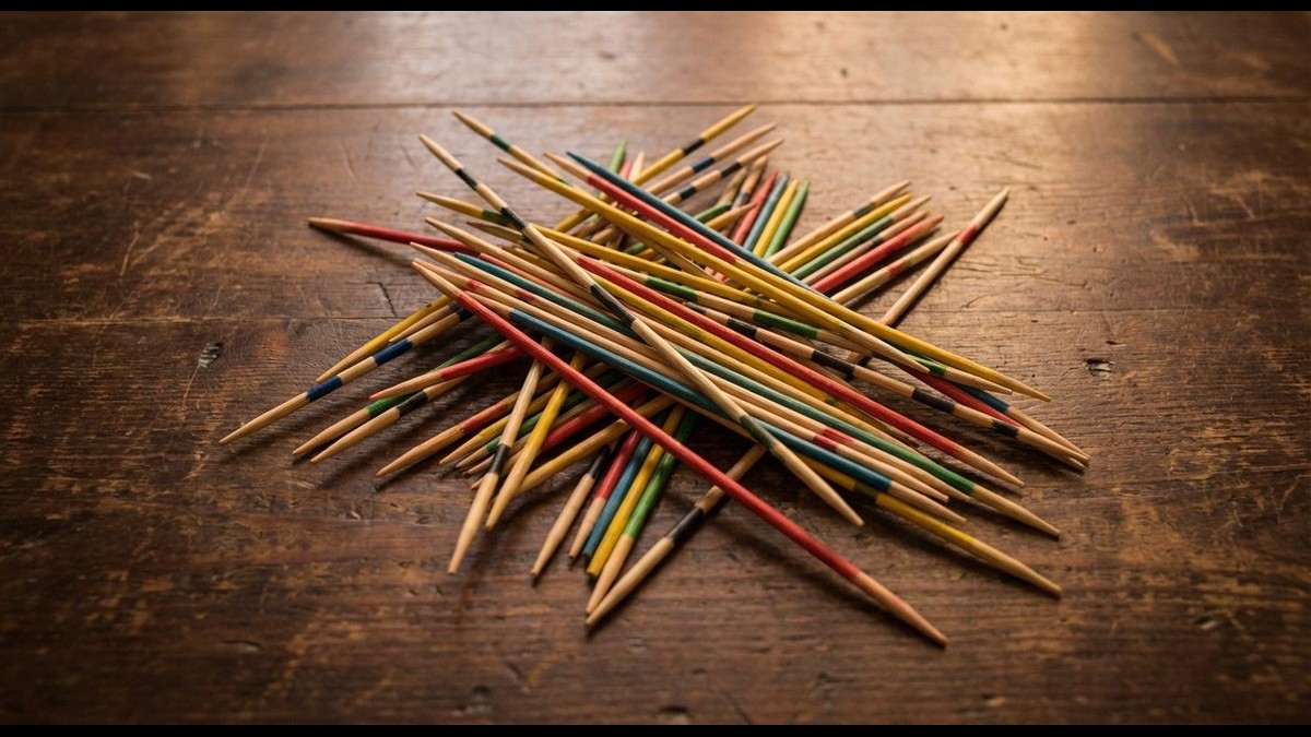 Mikado Stäbchen bunt verstreut auf Holztisch