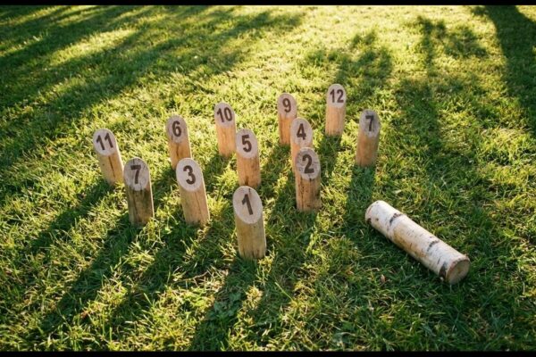 Mölkky Holzkegel-Wurfspiel auf grüner Wiese
