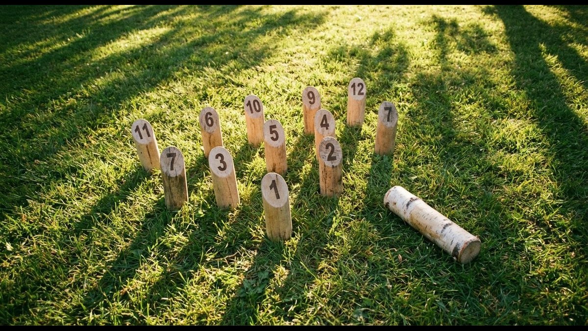 Mölkky Holzkegel-Wurfspiel auf grüner Wiese