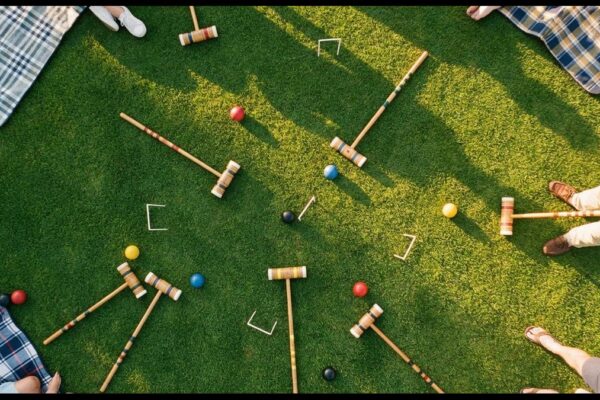 Krocket Krocketspiel mit Schlägeln und Toren auf Rasen