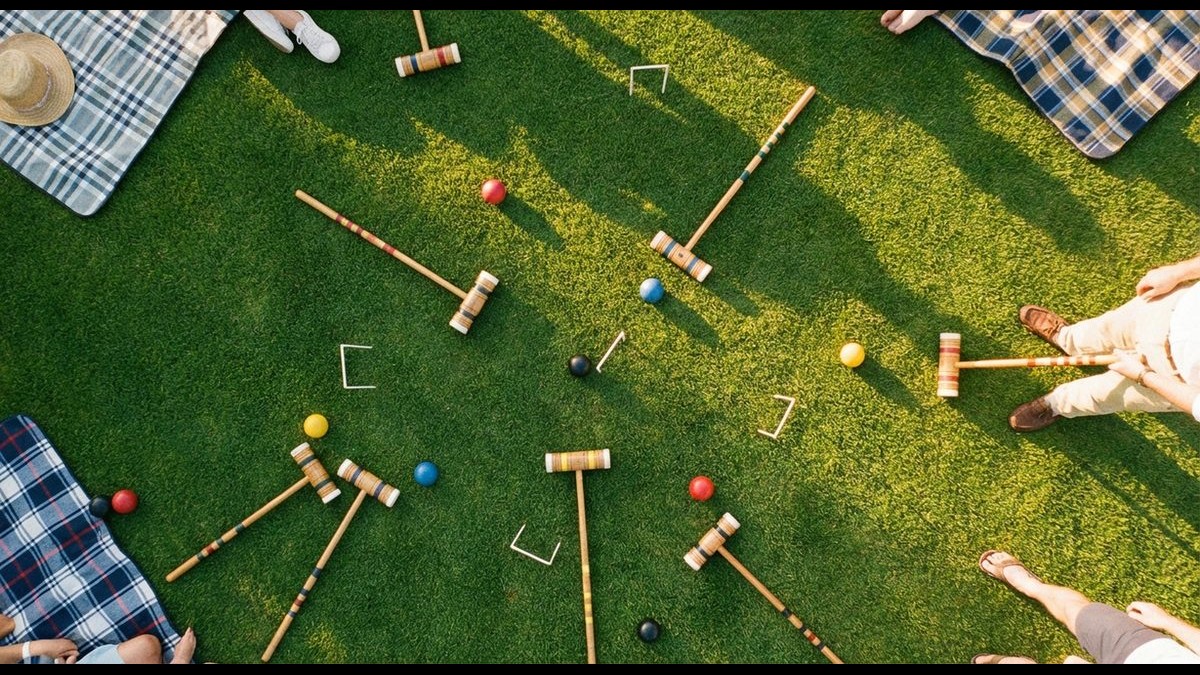 Krocket Krocketspiel mit Schlägeln und Toren auf Rasen