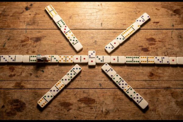 Mexican Train Domino-Steine auf Holztisch arrangiert