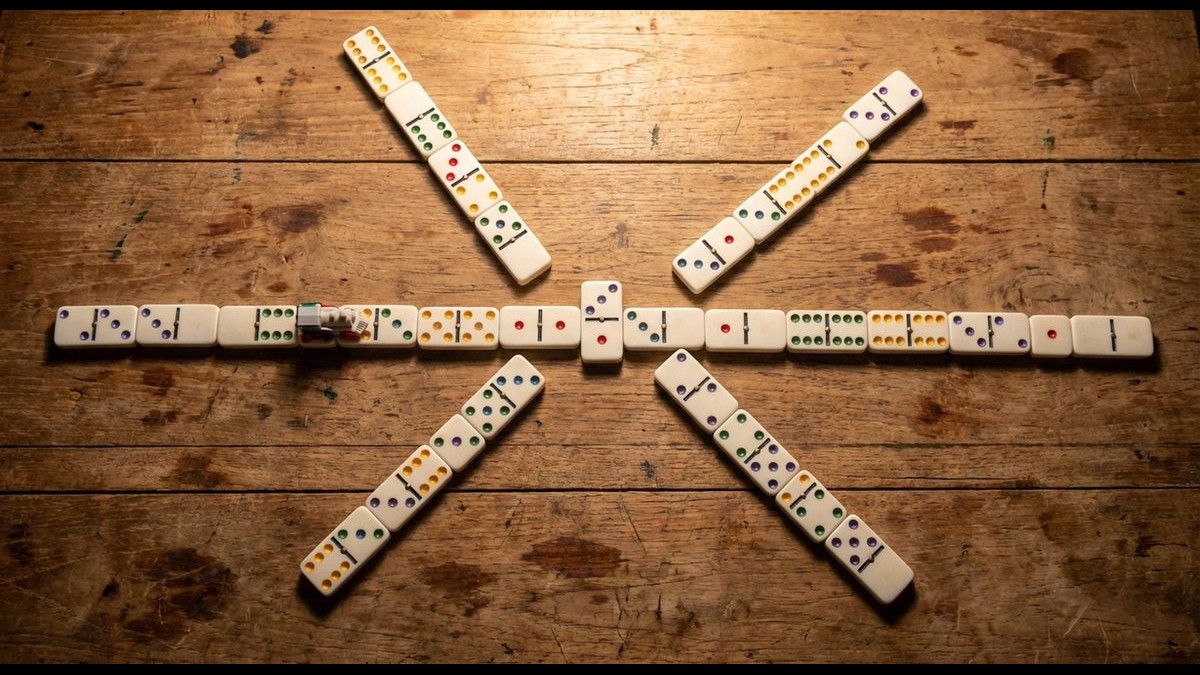 Mexican Train Domino-Steine auf Holztisch arrangiert