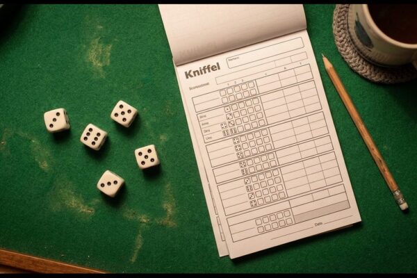 Würfelspiele Setup mit Kniffel-Block und Würfeln