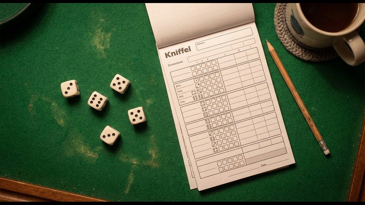 Würfelspiele Setup mit Kniffel-Block und Würfeln