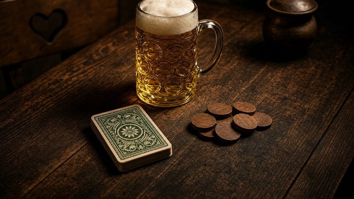 Schafkopf Karten mit bayerischem Blatt und Bierkrug