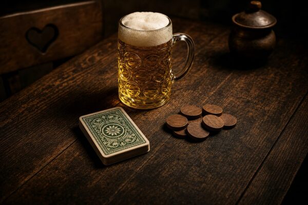 Schafkopf Karten mit bayerischem Blatt und Bierkrug