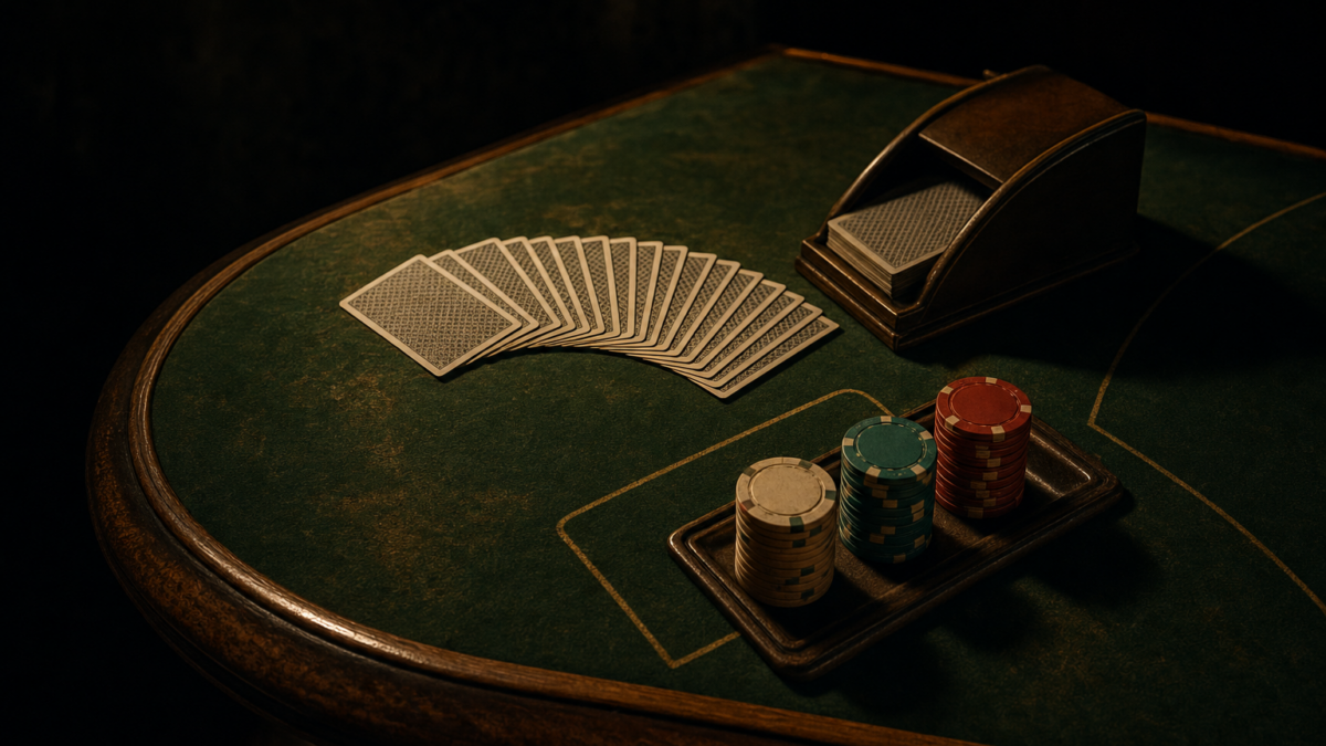 Blackjack-Tisch mit grünem Filz, aufgefächerten Karten, Kartenschlitten und Chips unter warmem Licht