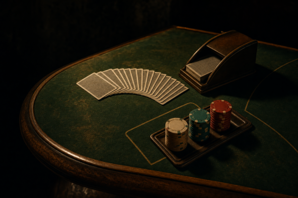Blackjack-Tisch mit grünem Filz, aufgefächerten Karten, Kartenschlitten und Chips unter warmem Licht