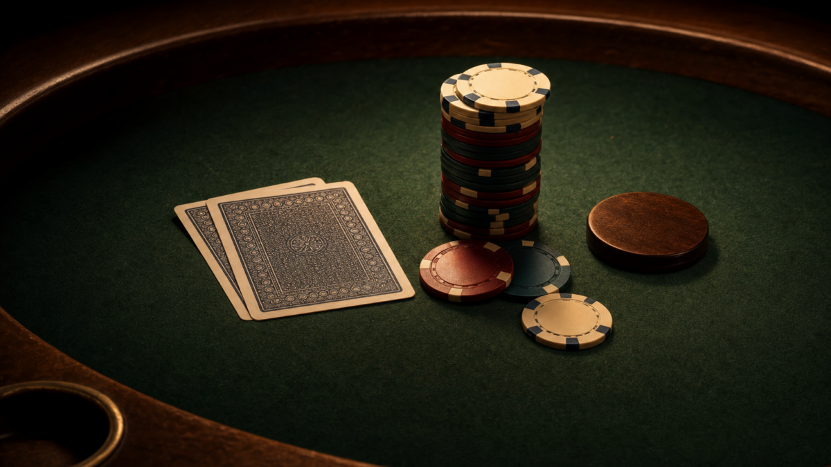 Zwei verdeckte Pokerkarten, gestapelte Chips und Dealer-Button auf grünem Filz unter warmem Licht