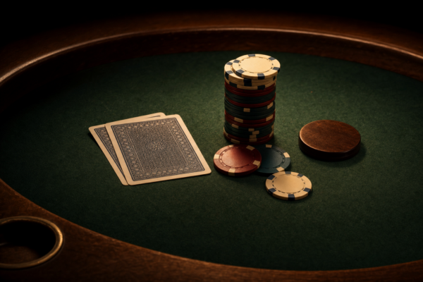 Zwei verdeckte Pokerkarten, gestapelte Chips und Dealer-Button auf grünem Filz unter warmem Licht