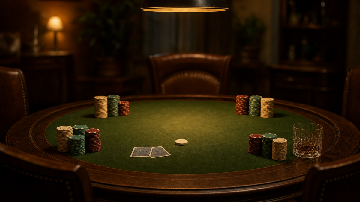 Pokertisch zu Hause mit Chips, verdeckten Karten und Dealer-Button unter warmem Licht