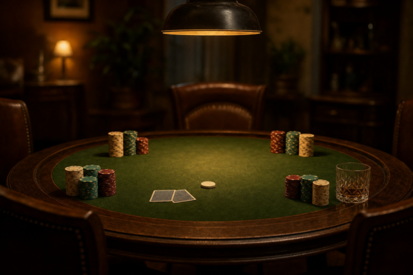 Pokertisch zu Hause mit Chips, verdeckten Karten und Dealer-Button unter warmem Licht