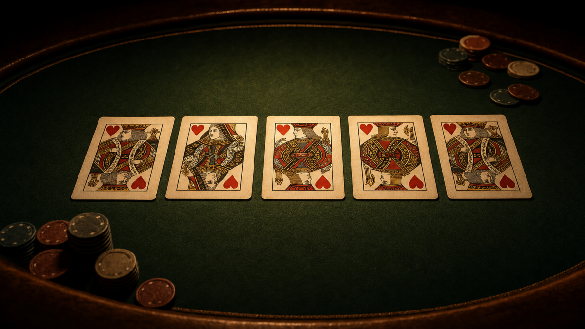 Royal Flush in Herz auf grünem Pokerfilz unter warmem Licht