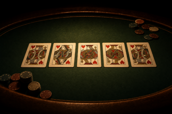 Royal Flush in Herz auf grünem Pokerfilz unter warmem Licht