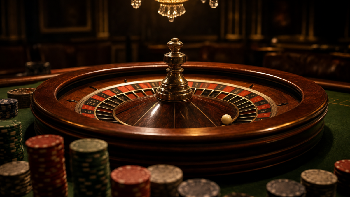 Klassischer europäischer Roulette-Kessel aus Holz und Messing mit Chips unter warmem Licht