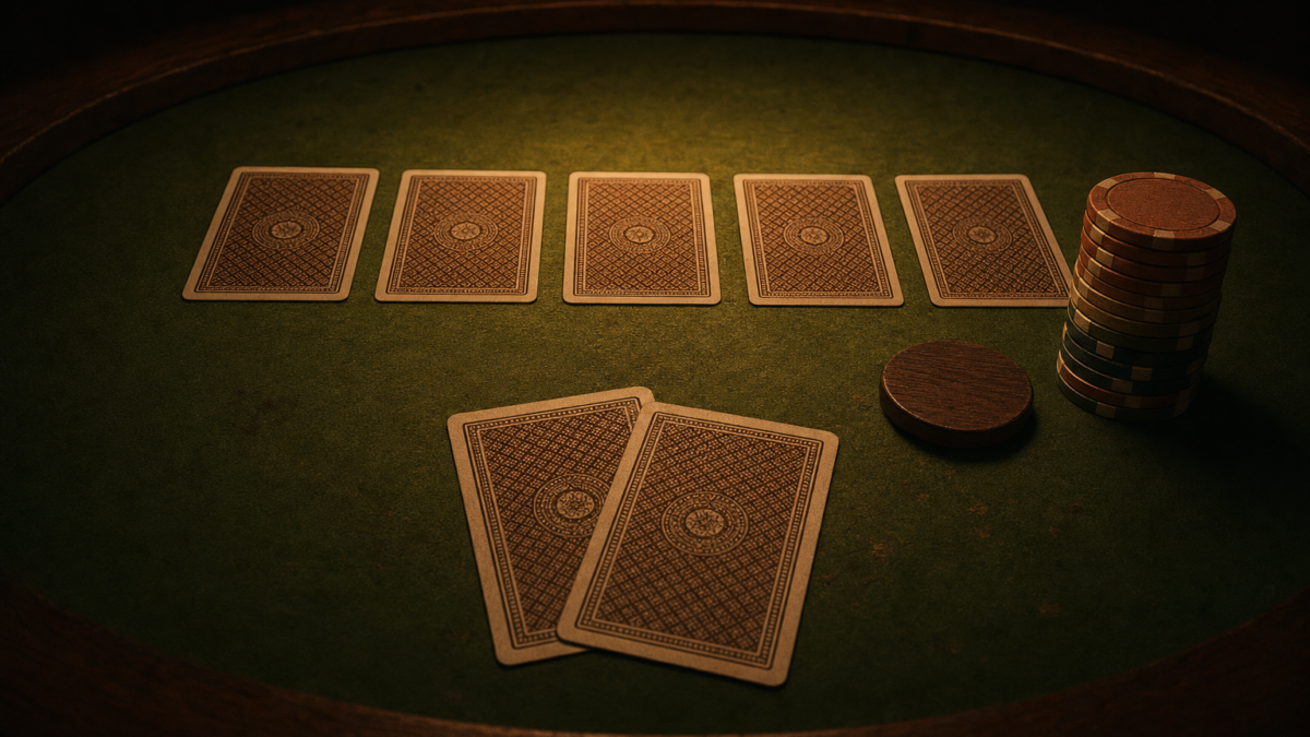 Verdeckte Gemeinschaftskarten und Hole Cards auf grünem Pokerfilz mit Chips unter warmem Licht