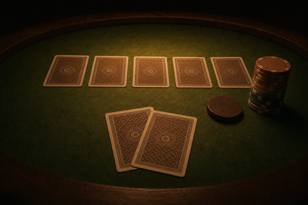 Verdeckte Gemeinschaftskarten und Hole Cards auf grünem Pokerfilz mit Chips unter warmem Licht