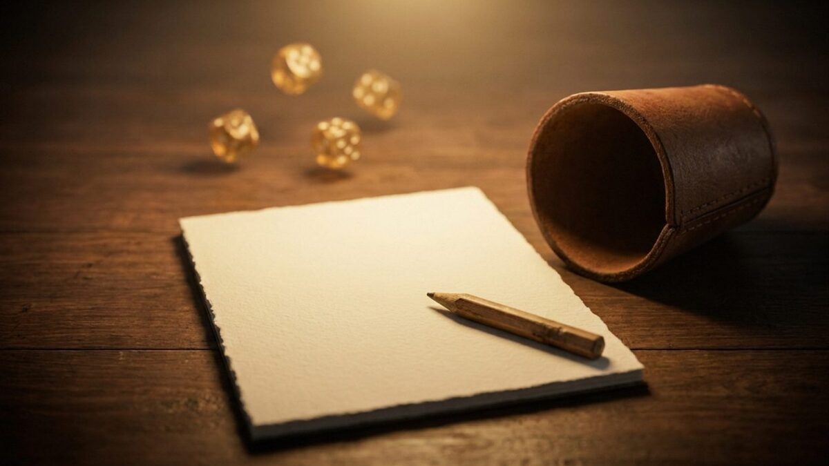 Würfelbecher aus Leder neben leerem Notizblock mit Bleistift