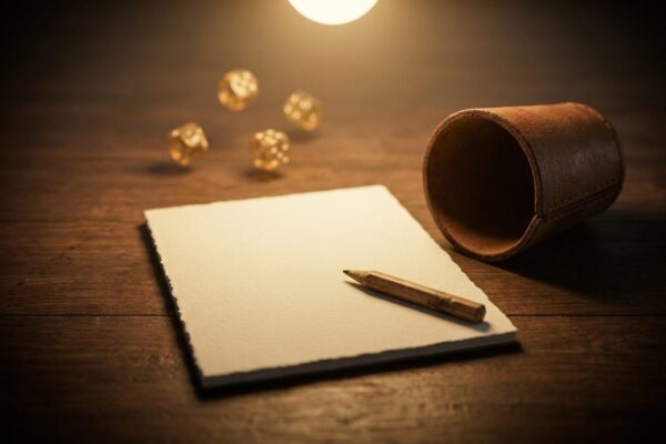 Würfelbecher aus Leder neben leerem Notizblock mit Bleistift