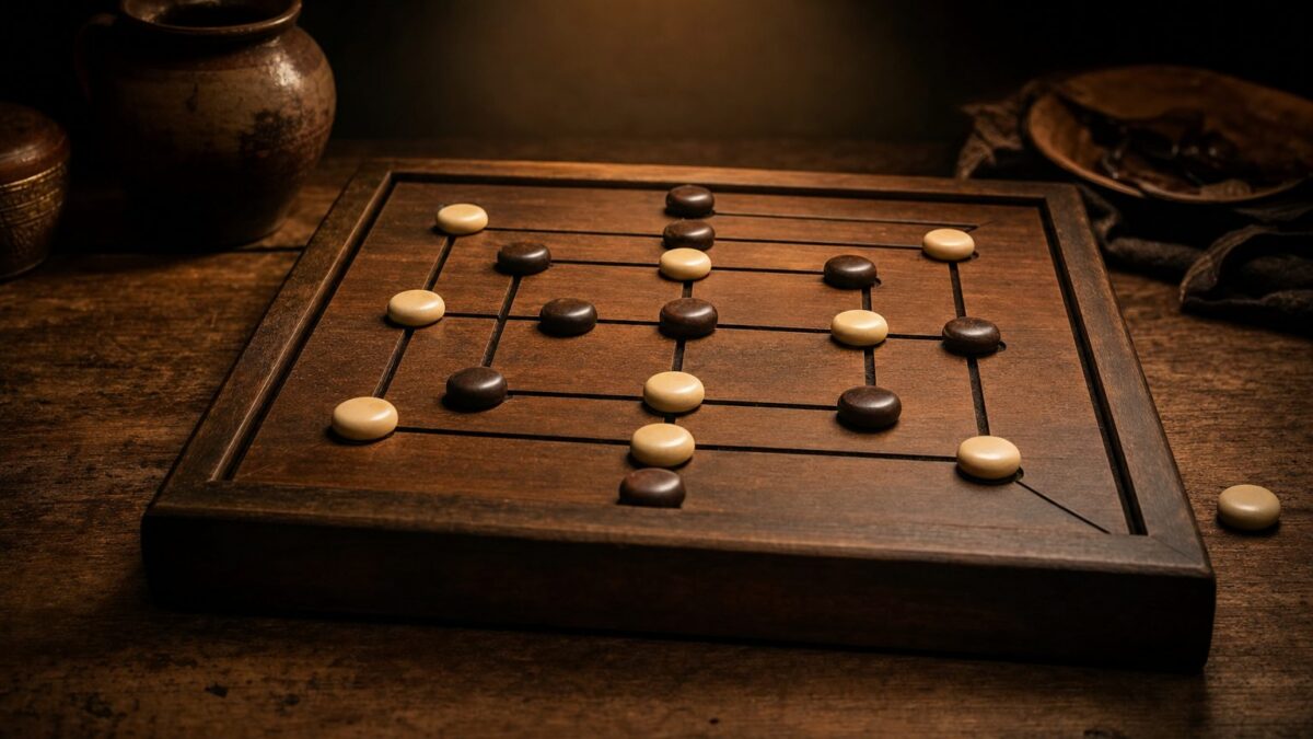 Mühle Brettspiel mit hellen und dunklen Steinen