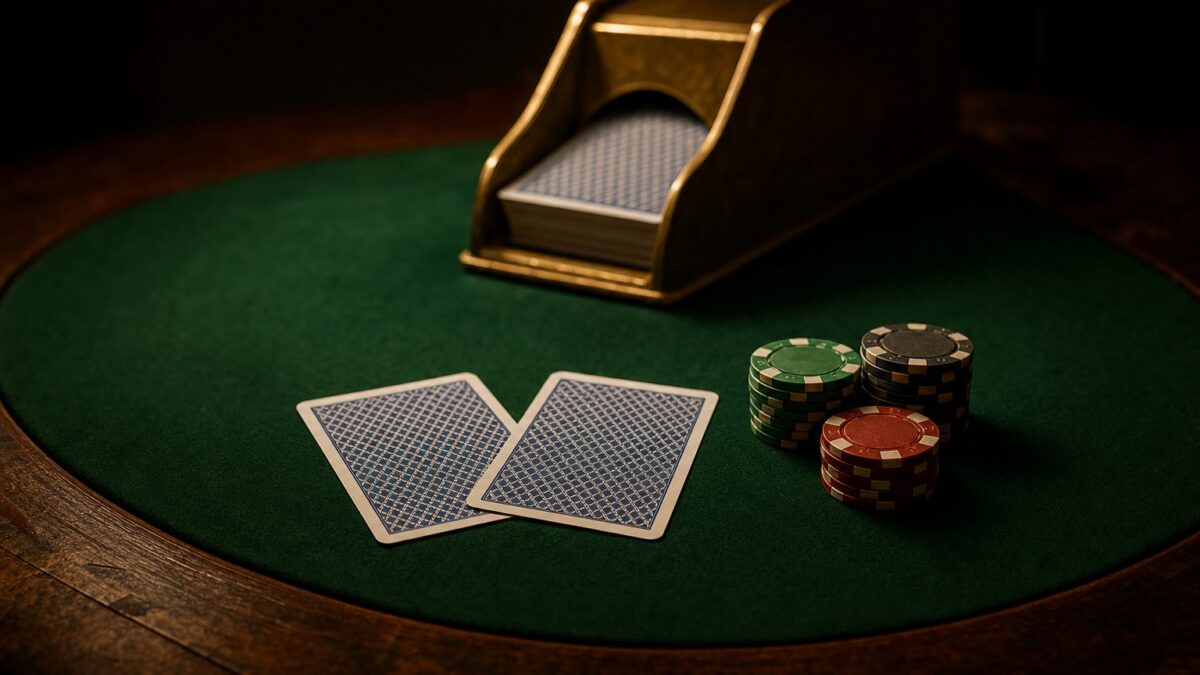 Blackjack-Tisch mit verdeckten Karten und Chips