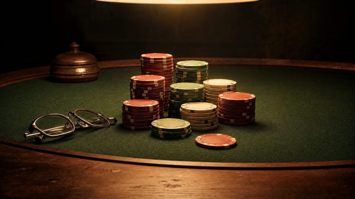 Casino-Chips auf grünem Filz unter warmem Licht