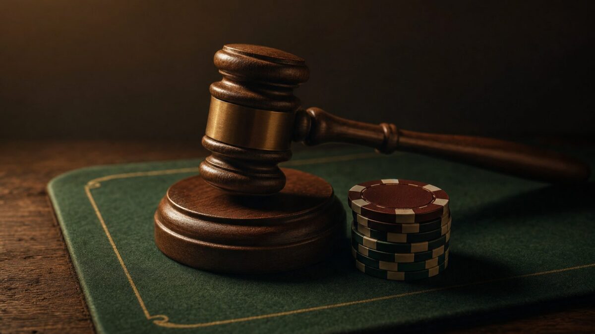 Richterhammer neben Casino-Chips auf Spieltisch-Filz