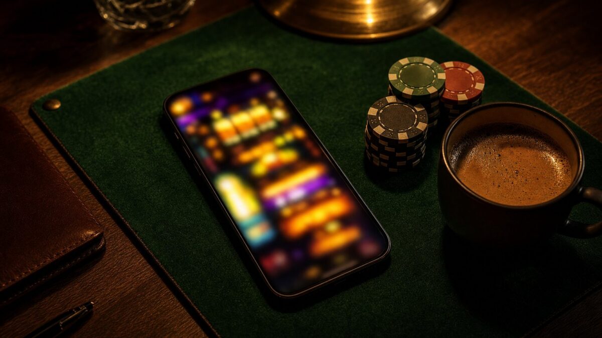 Online-Spielothek auf dem Smartphone neben Casino-Chips