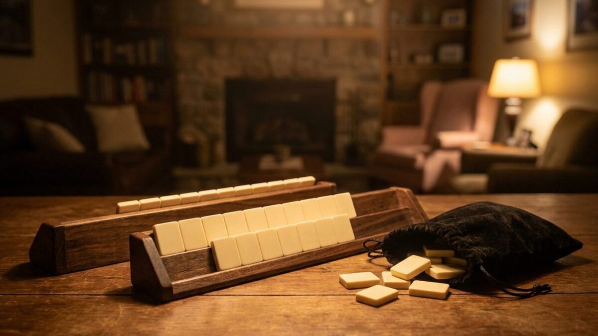 Zwei Holzracks mit hellen Spielsteinen und Stoffbeutel auf dem Tisch