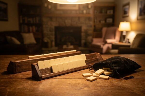 Zwei Holzracks mit hellen Spielsteinen und Stoffbeutel auf dem Tisch