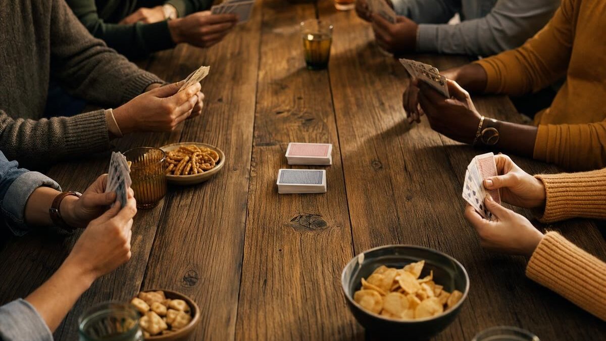 Langer Holztisch mit vielen Händen, die Spielkarten halten, zwei gemischte Kartenstapel in der Mitte, Gläser und Knabberschalen am Rand, warmes Abendlicht