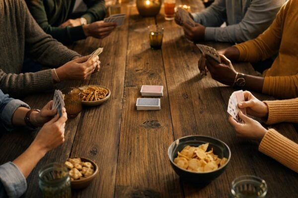 Langer Holztisch mit vielen Händen, die Spielkarten halten, zwei gemischte Kartenstapel in der Mitte, Gläser und Knabberschalen am Rand, warmes Abendlicht